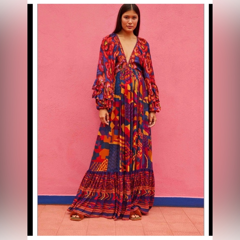 FARM RIO Blue Abstract Patches Maxi Dress